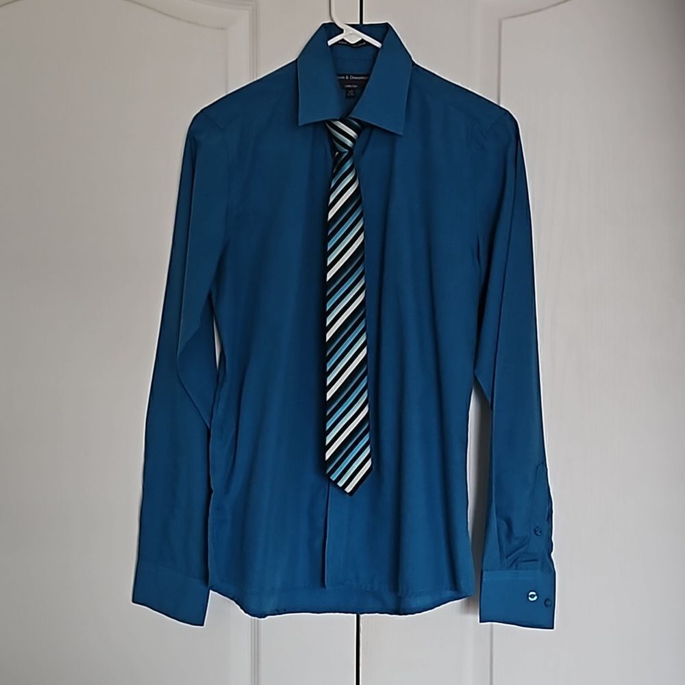 Vroom & Dreesmann Men's Button Down Long Sleeves Shirt With Tie Small Blue